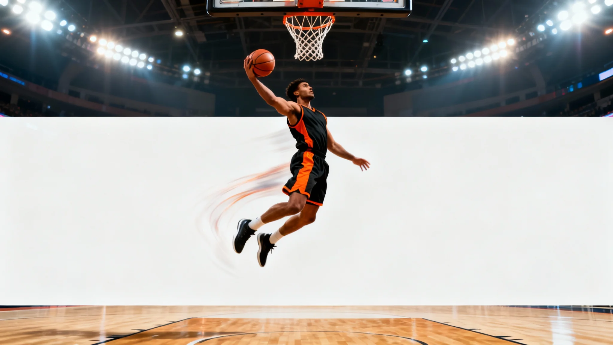 A stylized action photograph of a basketball player in a black and orange uniform captured mid-air during a powerful slam dunk on a brightly lit court.