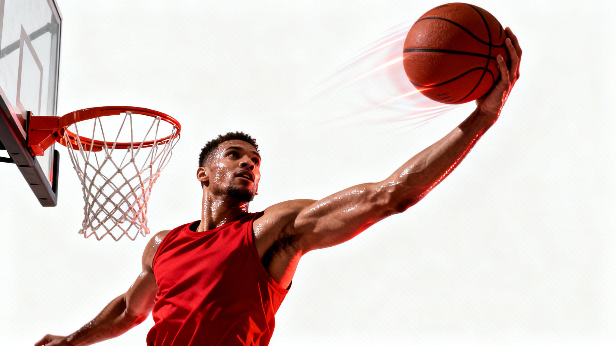 A hyper-realistic, edited photo of a basketball player mid-dunk, with dramatic lighting and vibrant colors, isolated against a stark white background.