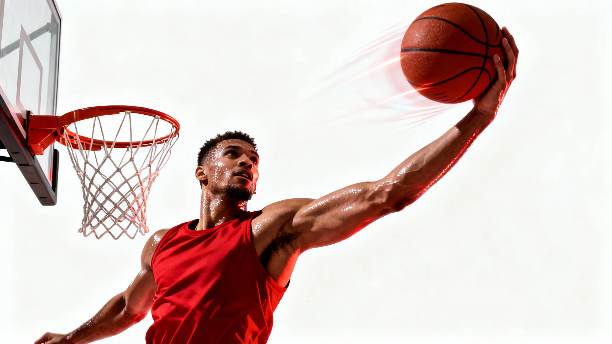A hyper-realistic, edited photo of a basketball player mid-dunk, with dramatic lighting and vibrant colors, isolated against a stark white background.