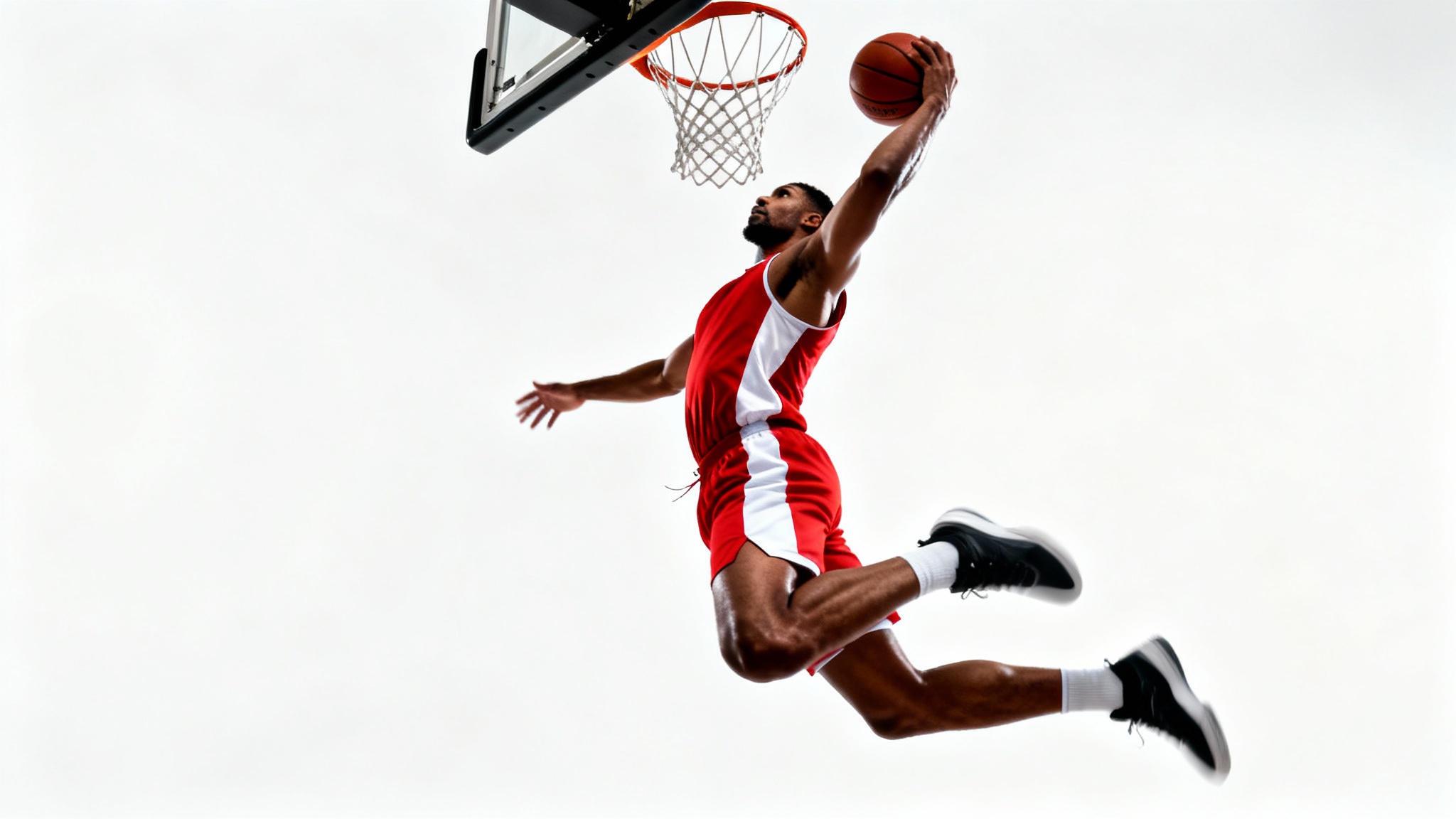 A dynamic, professionally edited photo of a basketball player in mid-air executing a powerful slam dunk against a clean white background.