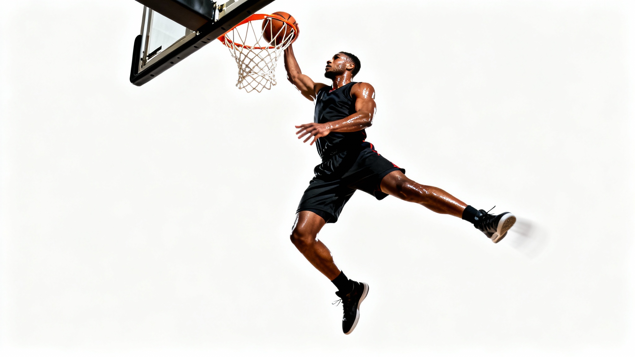 A stylized, high-contrast action shot of a basketball player in mid-air, performing a powerful slam dunk against a plain white background, illustrating the capabilities of a photo editor.