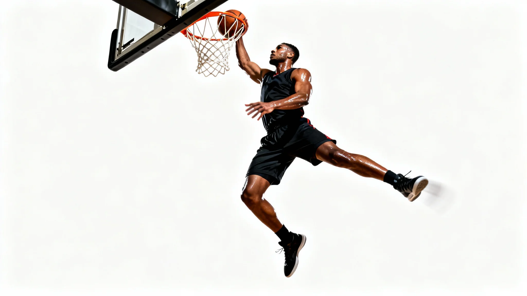 A stylized, high-contrast action shot of a basketball player in mid-air, performing a powerful slam dunk against a plain white background, illustrating the capabilities of a photo editor.