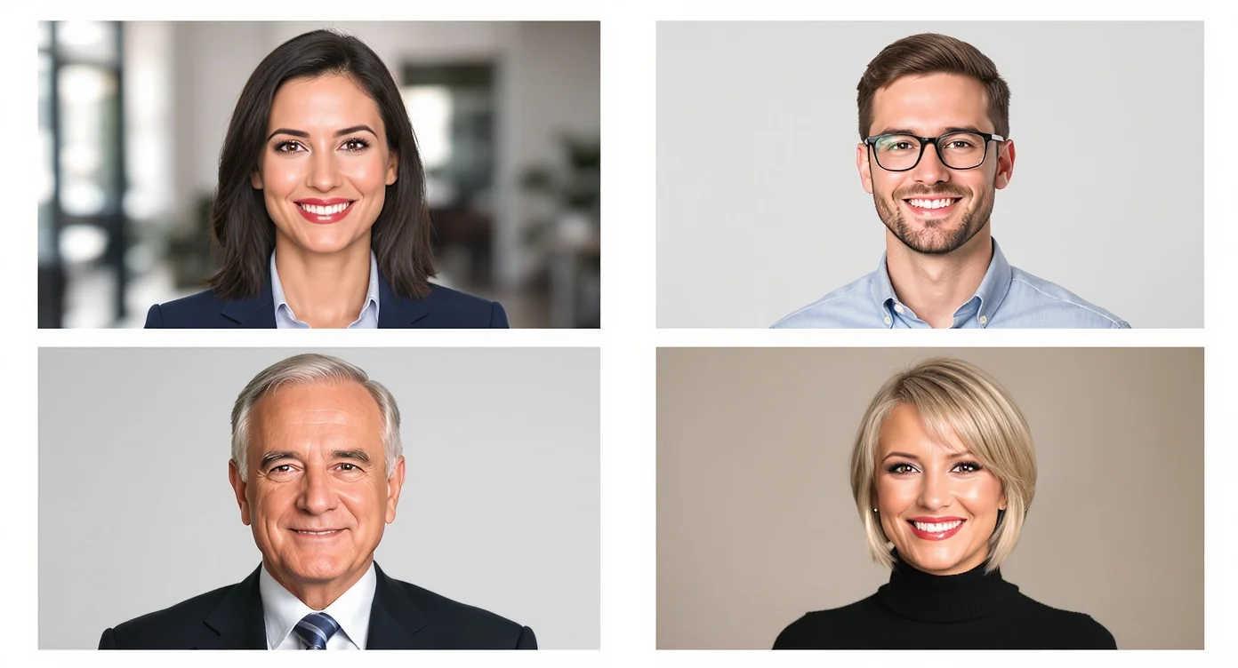 A collage of four professional headshots showcasing a diverse group of business people, including men and women of different ages and ethnicities, against a clean white background.