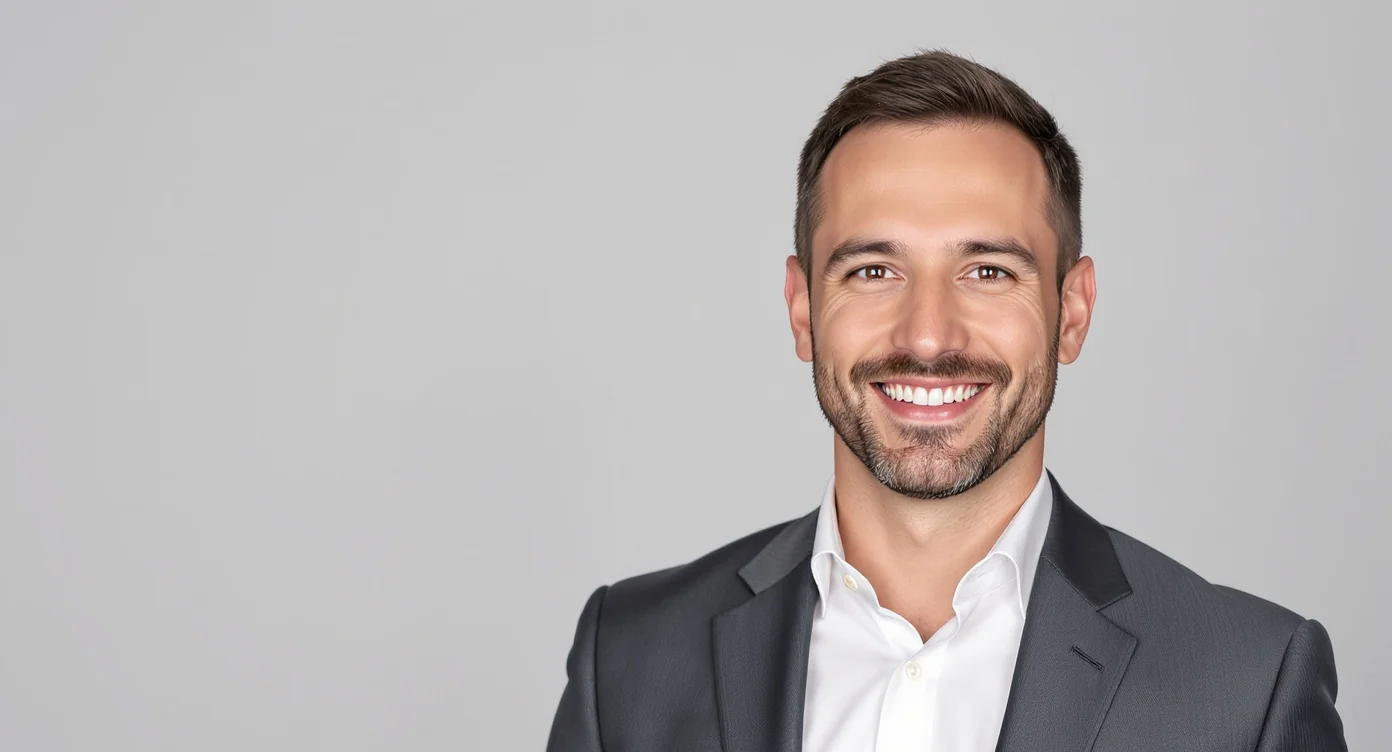 A professional studio headshot of a smiling man in a charcoal gray suit jacket and white shirt, set against a solid light gray background.