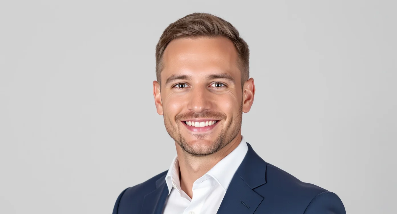 A professional headshot of a smiling man in a navy blue suit jacket, set against a plain light gray background, representing a high-quality profile picture for LinkedIn or a company website.