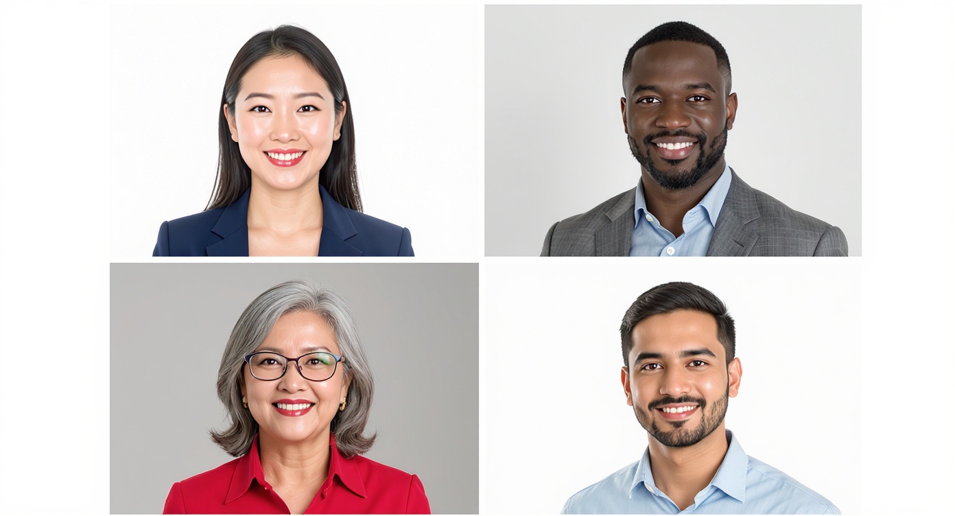 A grid of four professional headshots showcasing a diverse group of people: an East Asian woman, a Black man, an older Caucasian woman, and a South Asian man, all dressed in professional attire.