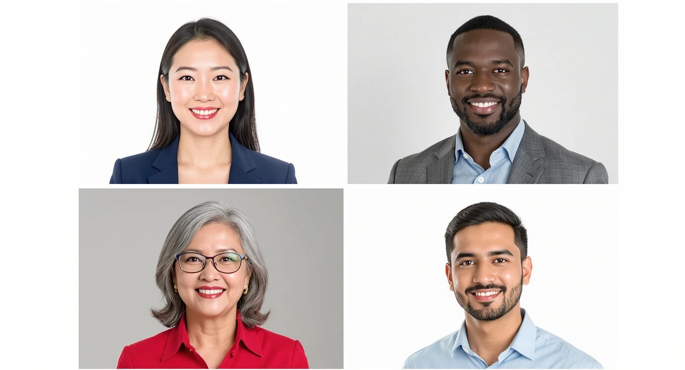 A grid of four professional headshots showcasing a diverse group of people: an East Asian woman, a Black man, an older Caucasian woman, and a South Asian man, all dressed in professional attire.