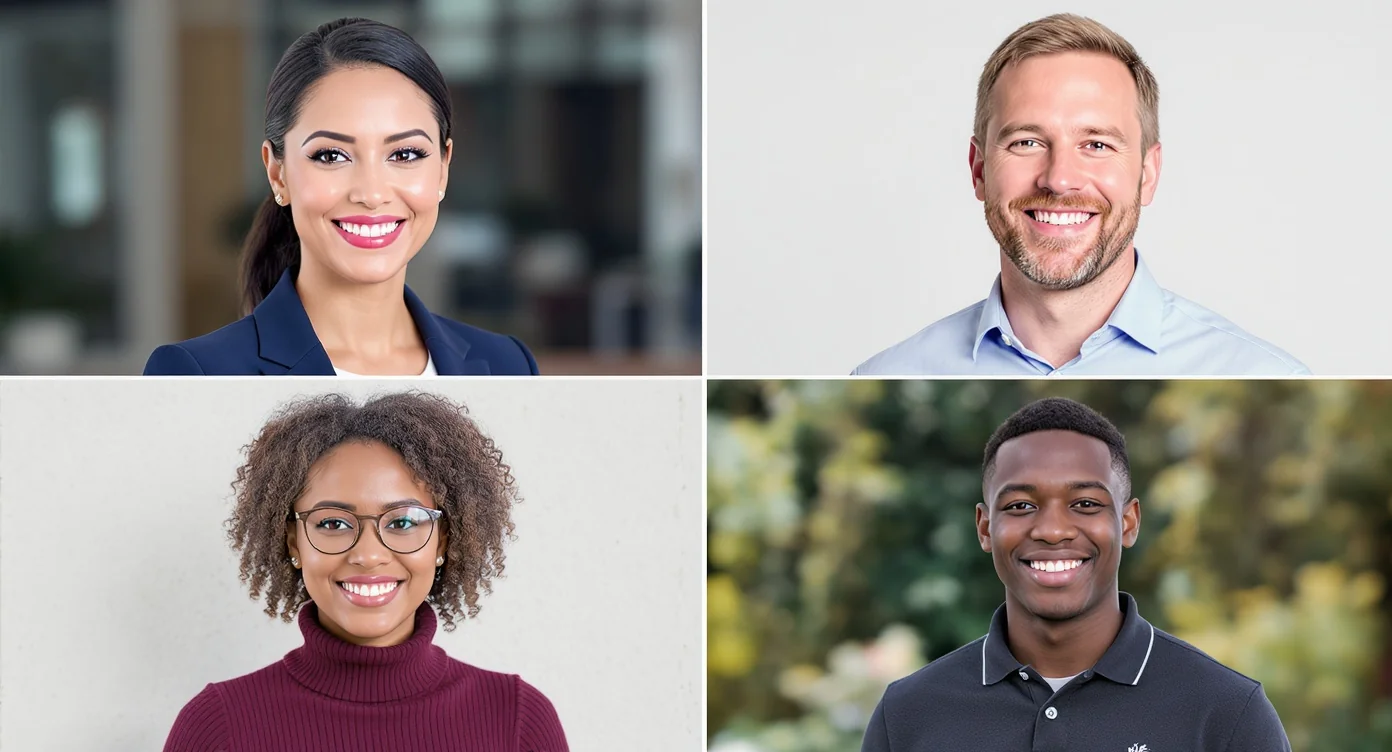 A collage showcasing four diverse, professional headshots of a businesswoman, a middle-aged man, a creative woman with glasses, and a young man, suitable for corporate profiles.
