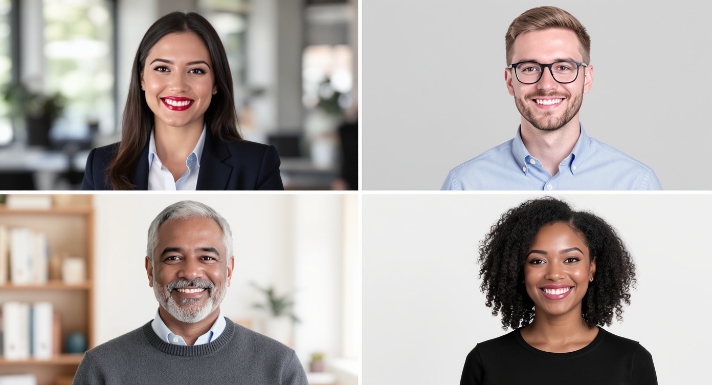A collage of four professional headshots featuring a diverse group of men and women in business and creative attire, demonstrating high-quality portraits for professional profiles.