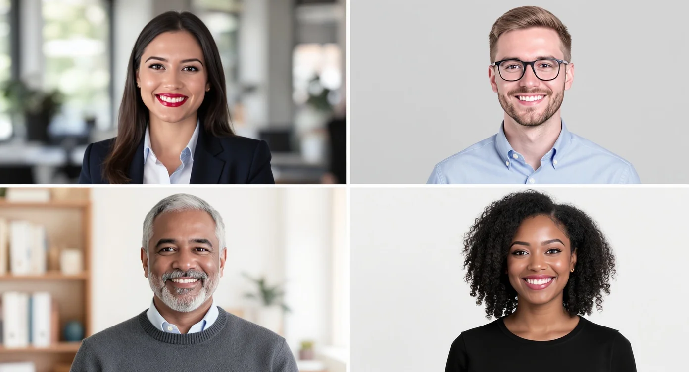 A collage of four professional headshots featuring a diverse group of men and women in business and creative attire, demonstrating high-quality portraits for professional profiles.