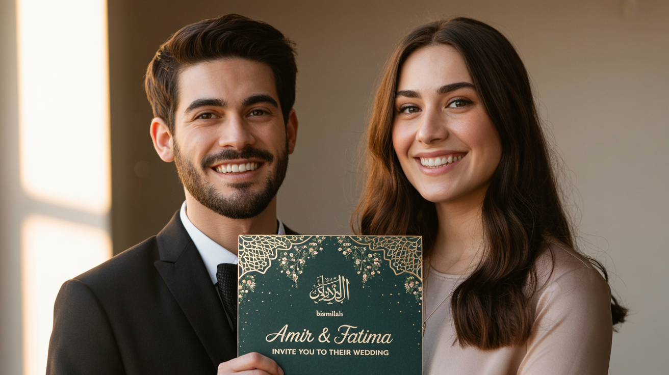 A screenshot of a digital Islamic wedding invitation video, showing a 16:9 screen with a play button in the middle. The design is dark green and gold, with animated geometric patterns, floral elements, and a glowing mosque silhouette. Gold text reads 'Bismillah' and 'Amir & Fatima invite you to their wedding'.