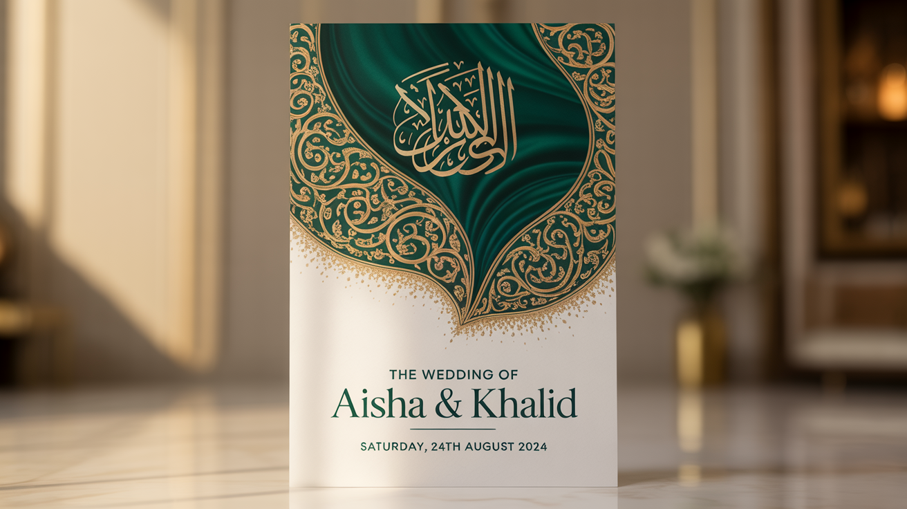 An elegant digital Islamic wedding invitation mockup in emerald green and gold, featuring arabesque patterns and calligraphy. The invitation announces the wedding of 'Aisha & Khalid' set against a white background.