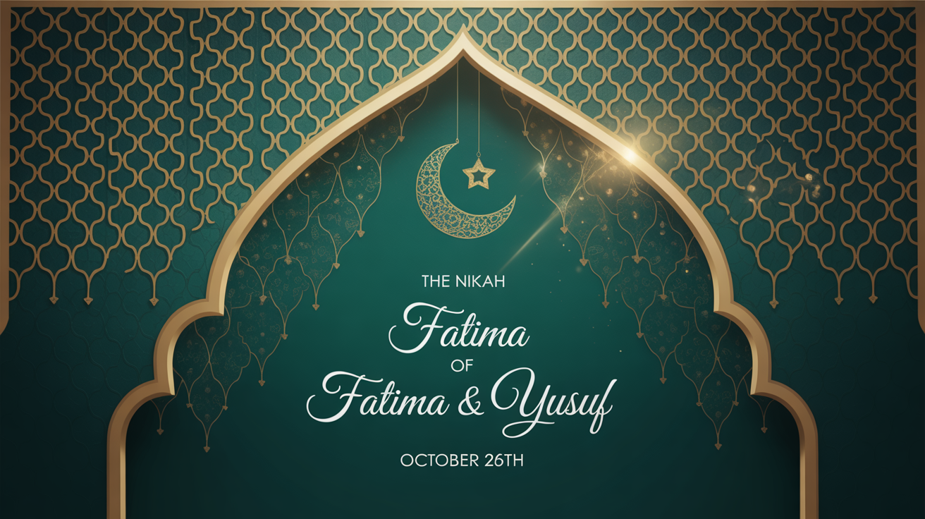 An elegant mockup of an Islamic wedding invitation video still. It features gold text with the names 'Fatima & Yusuf' on a deep green background with intricate geometric patterns, all framed by a golden arch against a white background.