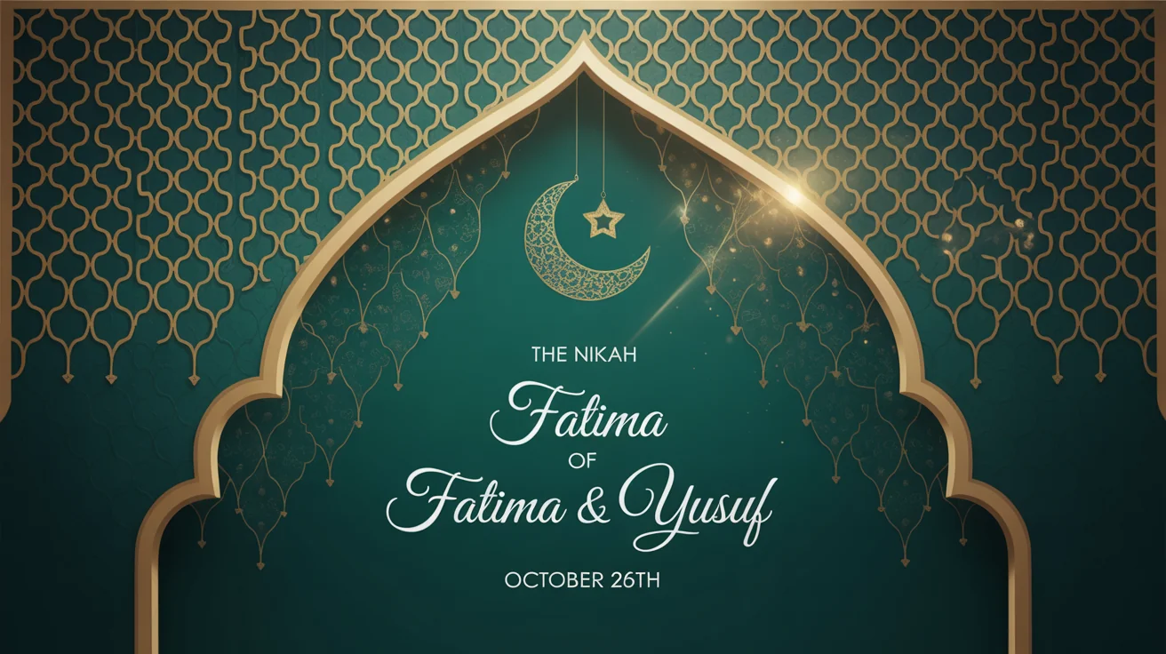 An elegant mockup of an Islamic wedding invitation video still. It features gold text with the names 'Fatima & Yusuf' on a deep green background with intricate geometric patterns, all framed by a golden arch against a white background.