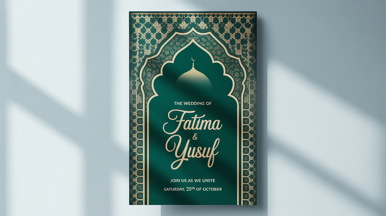 A mockup of a vertical Islamic wedding invitation against a white background. The invitation is emerald green with intricate gold patterns and features the text 'The Wedding of Fatima & Yusuf' in elegant gold script.