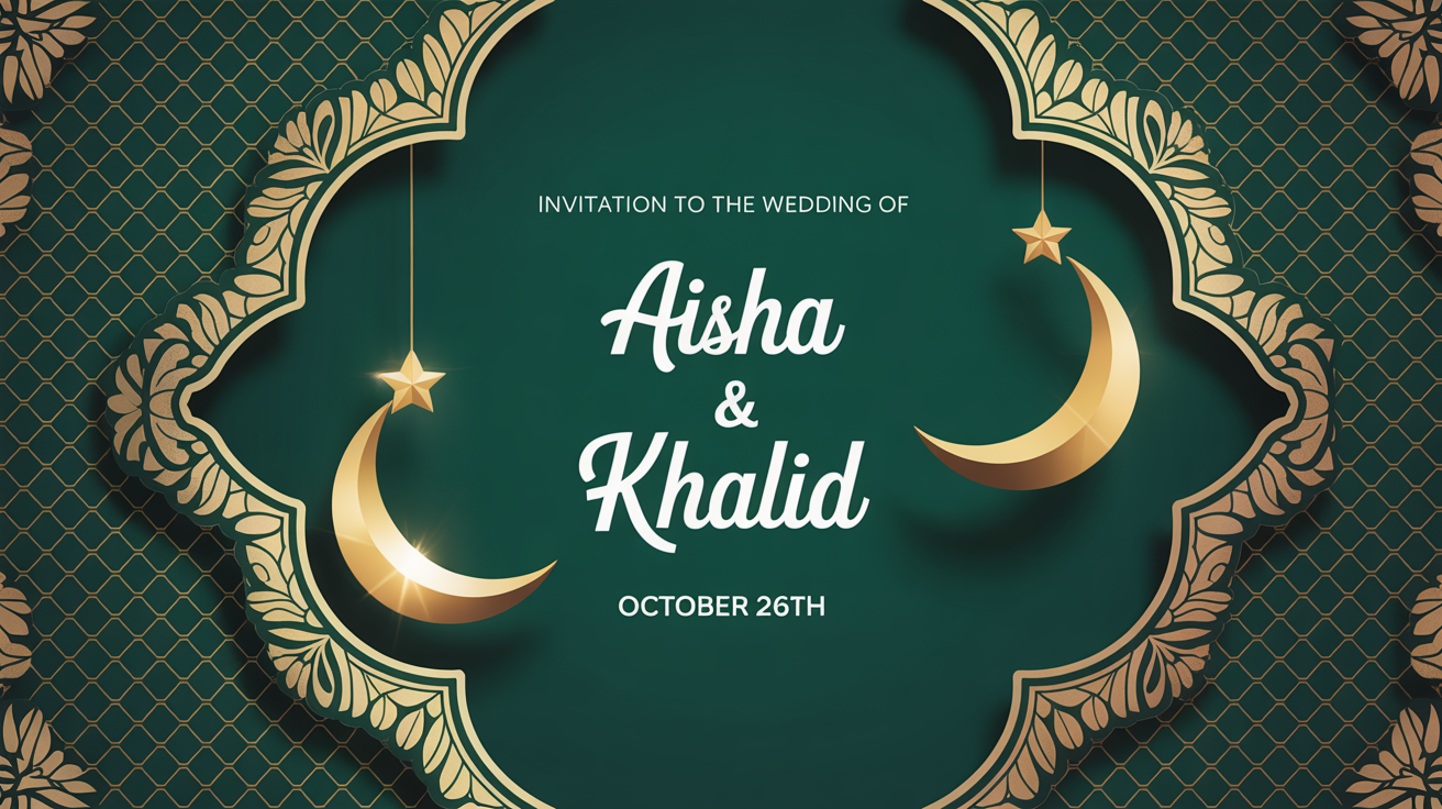 A still frame from an elegant Islamic wedding invitation video mockup. It features the names 'Aisha & Khalid' in beautiful script on a deep green and gold patterned background, set against a clean white backdrop.