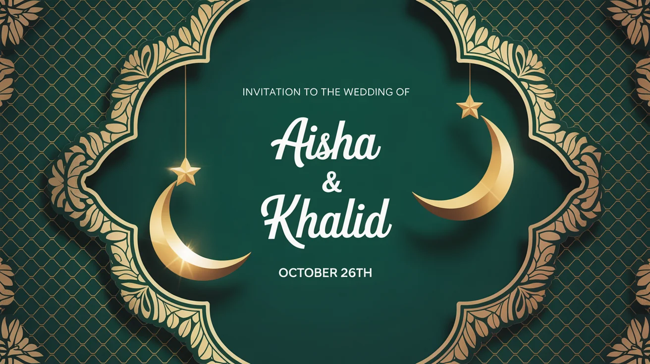 A still frame from an elegant Islamic wedding invitation video mockup. It features the names 'Aisha & Khalid' in beautiful script on a deep green and gold patterned background, set against a clean white backdrop.