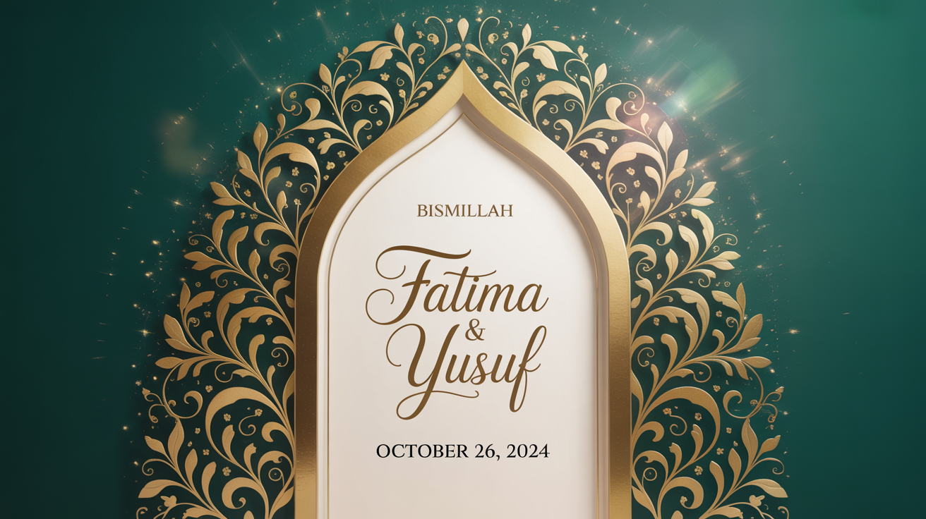 A mockup of an elegant Islamic wedding invitation, featuring gold calligraphy with the names 'Fatima & Yusuf' against a deep green background with floral patterns, all framed by a golden arch on a white background.