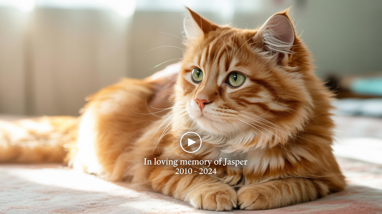 A screenshot of a finished memorial video for a cat. It shows a photo of an orange tabby with the text 'In Loving Memory of Jasper' overlaid in an elegant font, with a play button in the center.