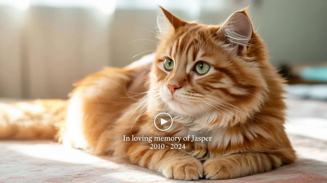 A screenshot of a finished memorial video for a cat. It shows a photo of an orange tabby with the text 'In Loving Memory of Jasper' overlaid in an elegant font, with a play button in the center.