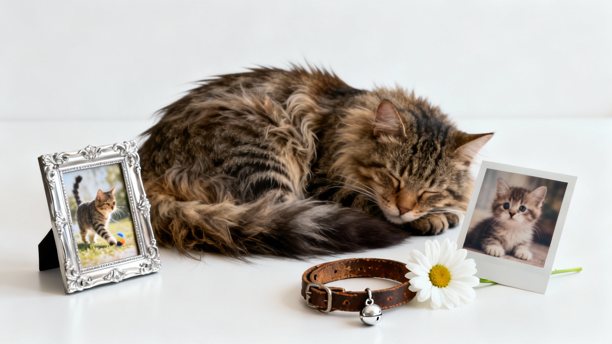 A touching memorial tribute to a beloved cat, featuring a peaceful cat surrounded by framed photos, a collar, and a white flower on a clean white background.