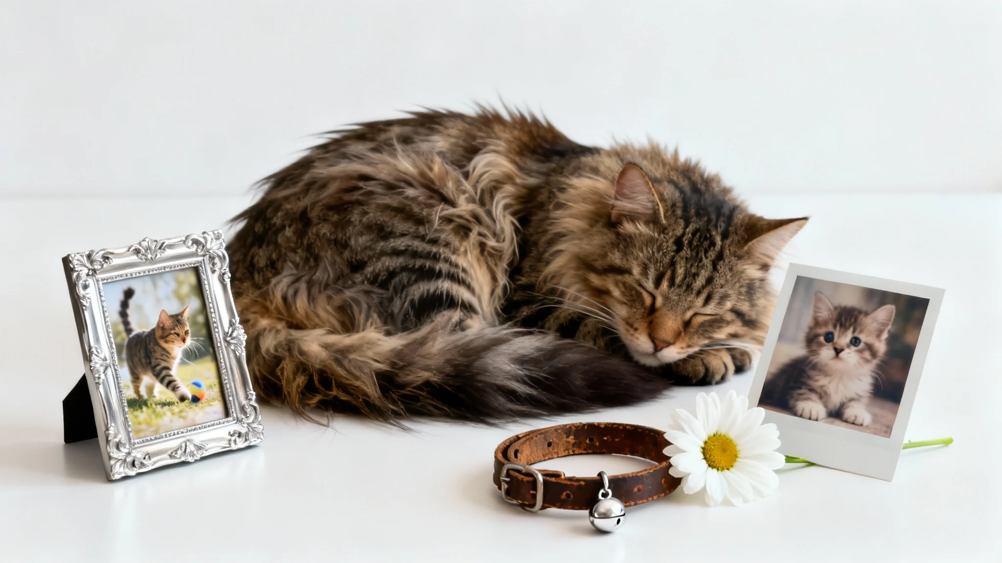A touching memorial tribute to a beloved cat, featuring a peaceful cat surrounded by framed photos, a collar, and a white flower on a clean white background.