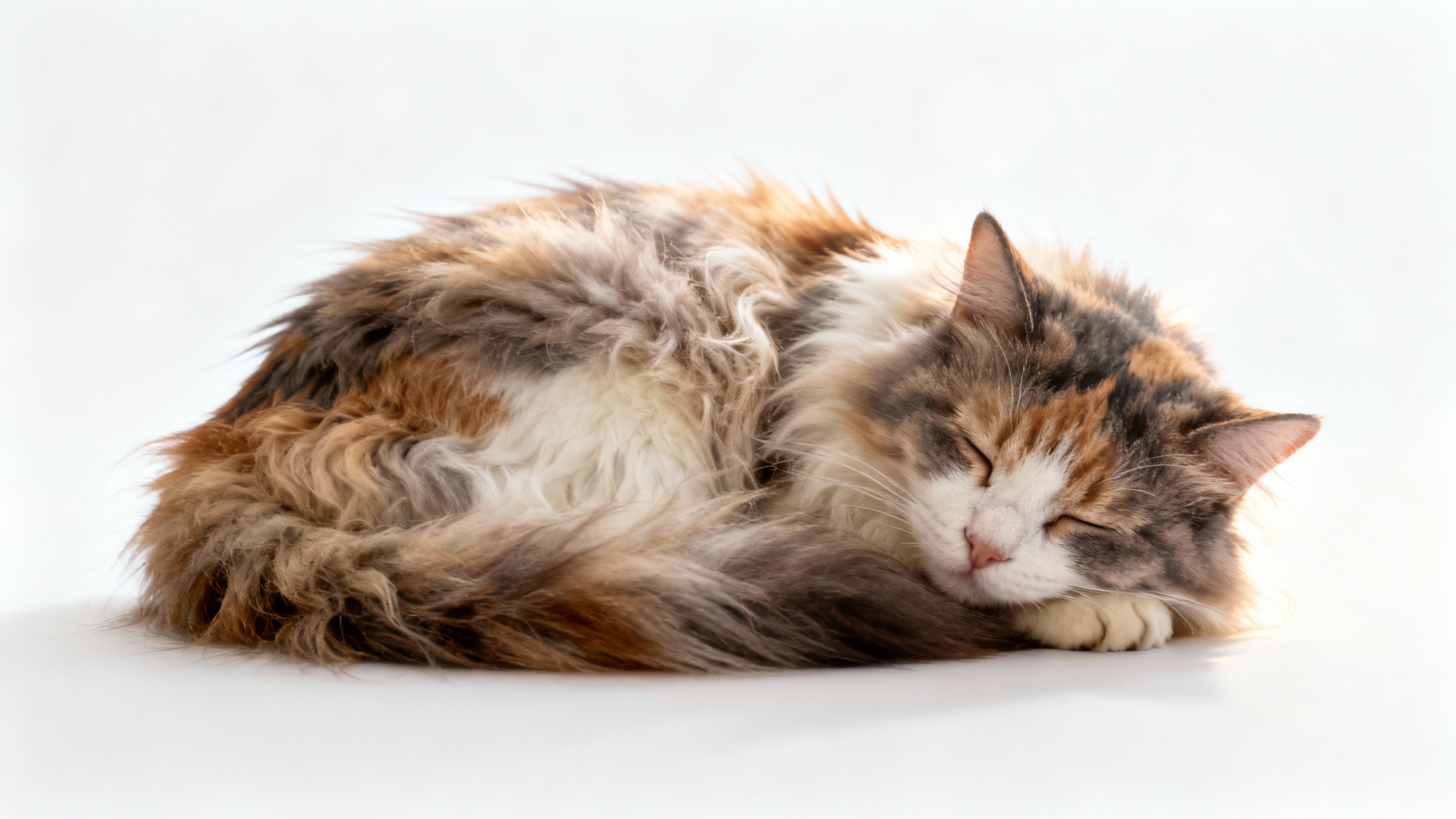 A beautiful, fluffy calico cat sleeps peacefully in the center of the frame against a solid white background, creating a serene and loving memorial image.