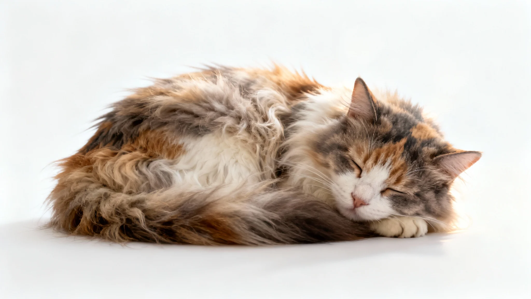 A beautiful, fluffy calico cat sleeps peacefully in the center of the frame against a solid white background, creating a serene and loving memorial image.