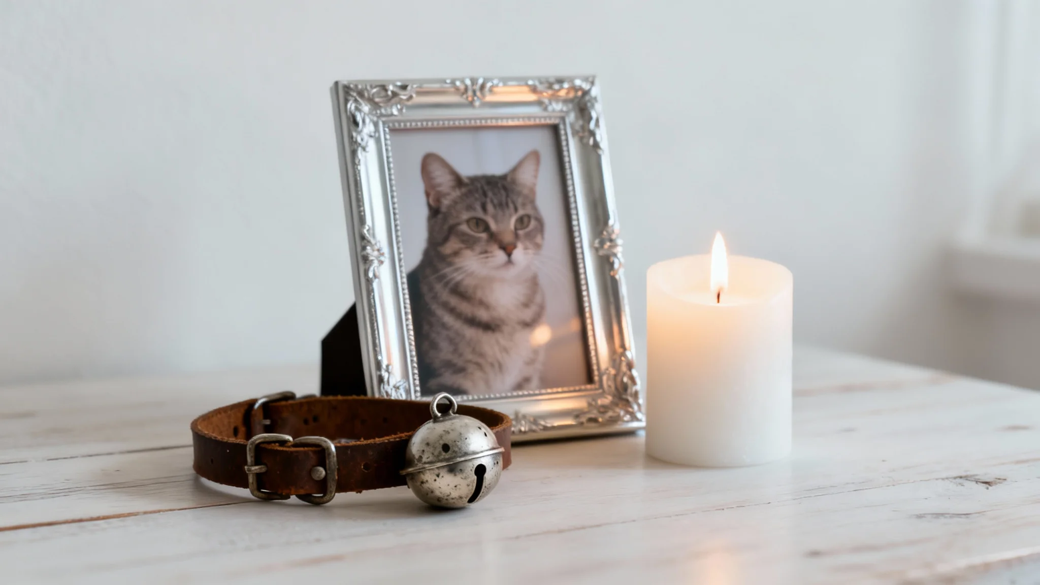 A touching cat memorial scene with a framed photo of a cat, a lit candle, and a collar, all set against a clean white background to represent cherished memories.