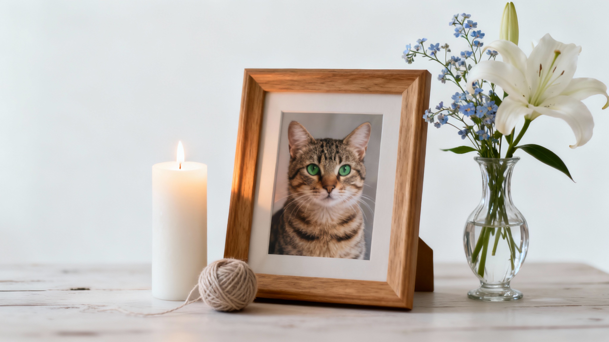A touching memorial for a cat, featuring a framed photo of a tabby cat, a lit candle, white lilies, and a ball of yarn on a wooden table against a white background.