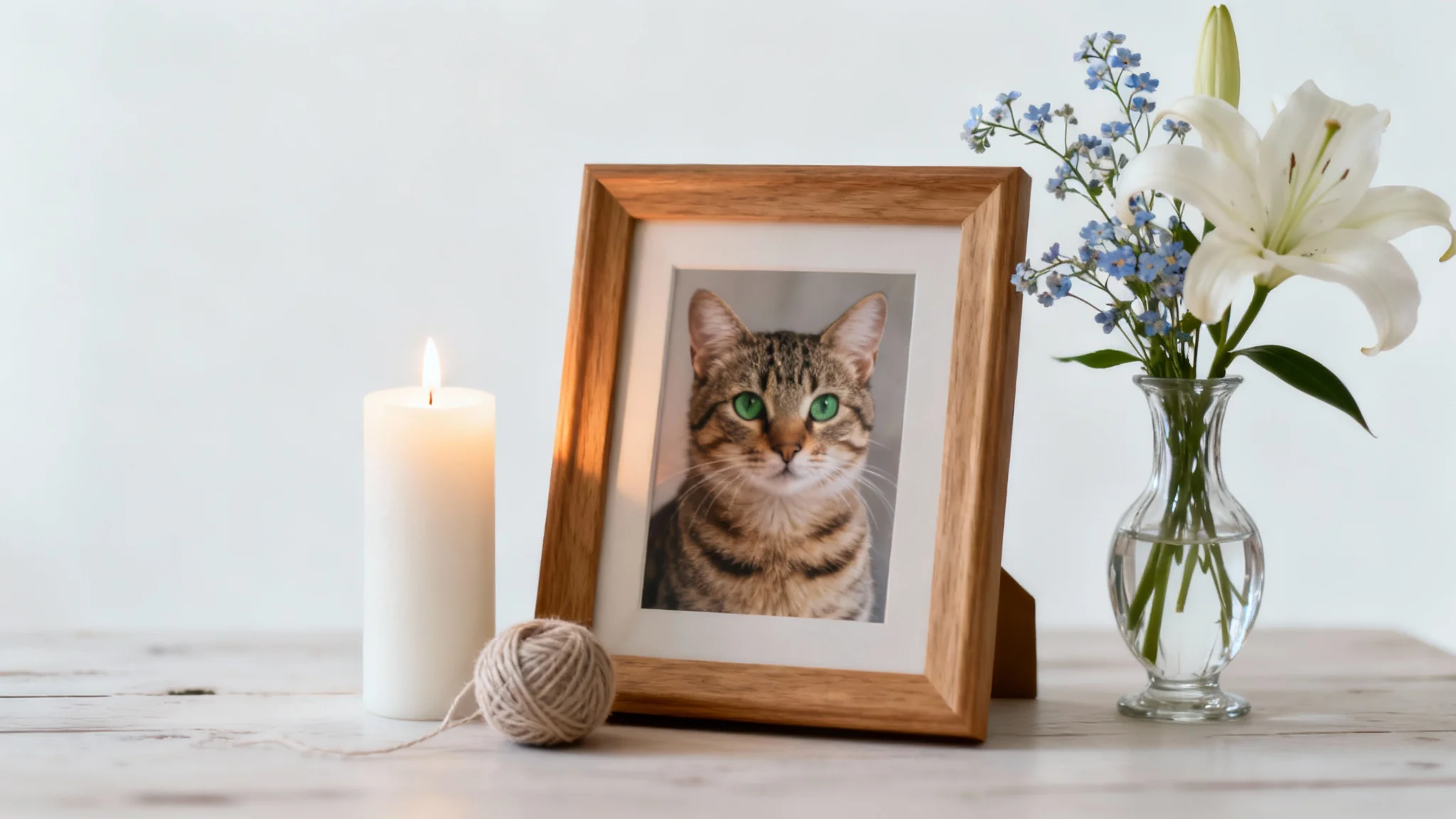 A touching memorial for a cat, featuring a framed photo of a tabby cat, a lit candle, white lilies, and a ball of yarn on a wooden table against a white background.