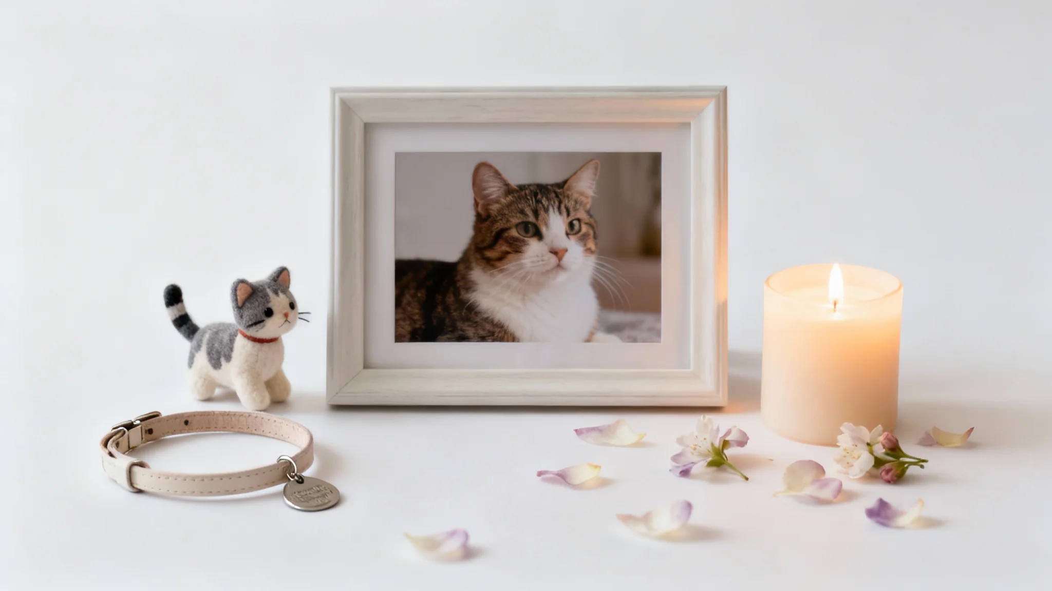 A touching memorial tribute for a cat, featuring a framed photo, a collar, a cat toy, and a glowing candle arranged peacefully on a white background.