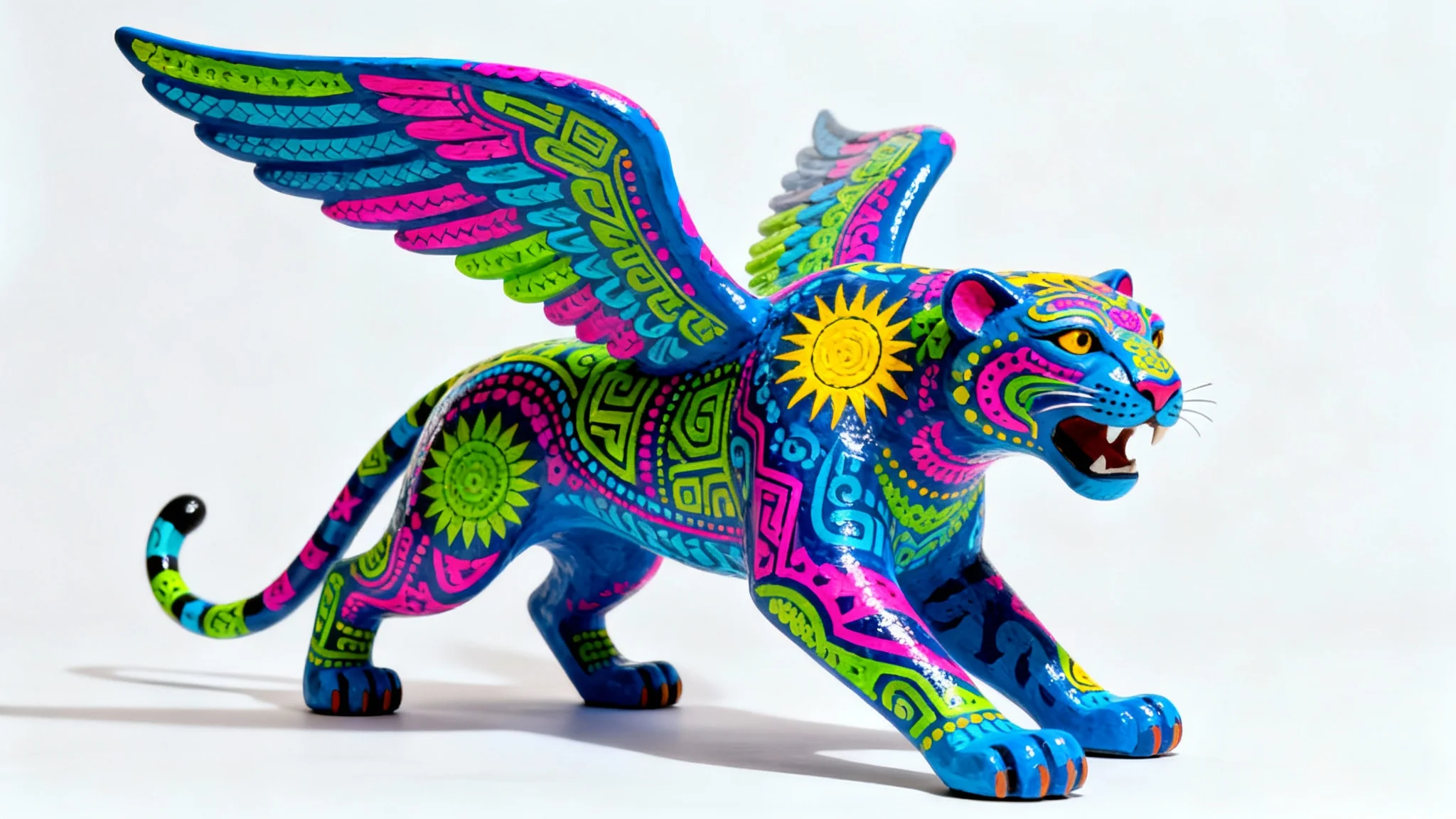 A stunning, professional photograph of a brightly colored alebrije sculpture depicting a mythical winged jaguar, set against a clean white background.