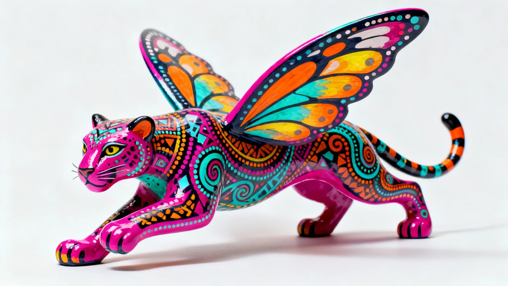 A vibrant, multi-colored Alebrije sculpture of a fantastical winged jaguar, captured in a dynamic pose against a plain white background.