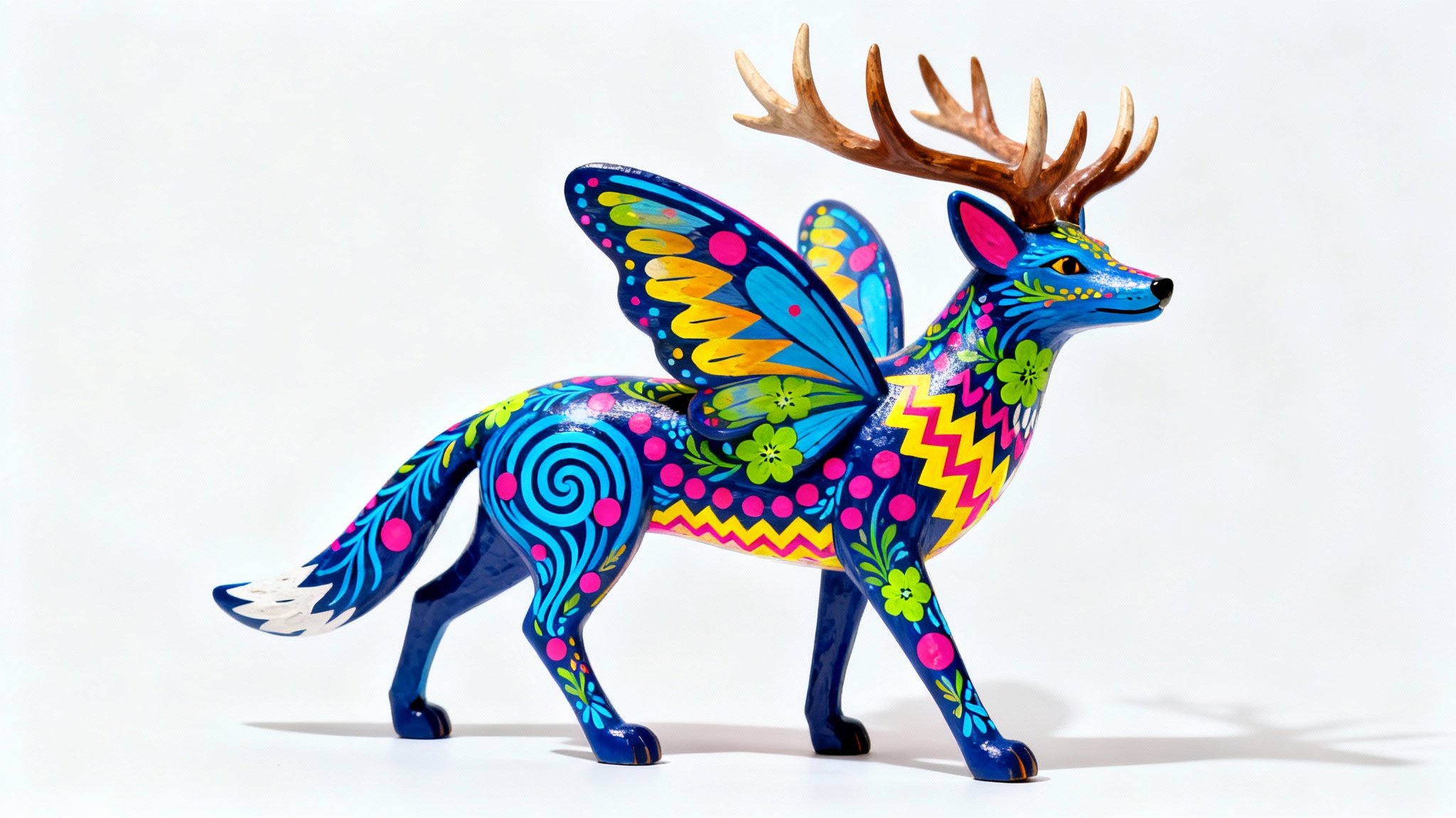 A colorful and intricate Alebrije sculpture of a coyote with butterfly wings and deer antlers, photographed against a plain white background.