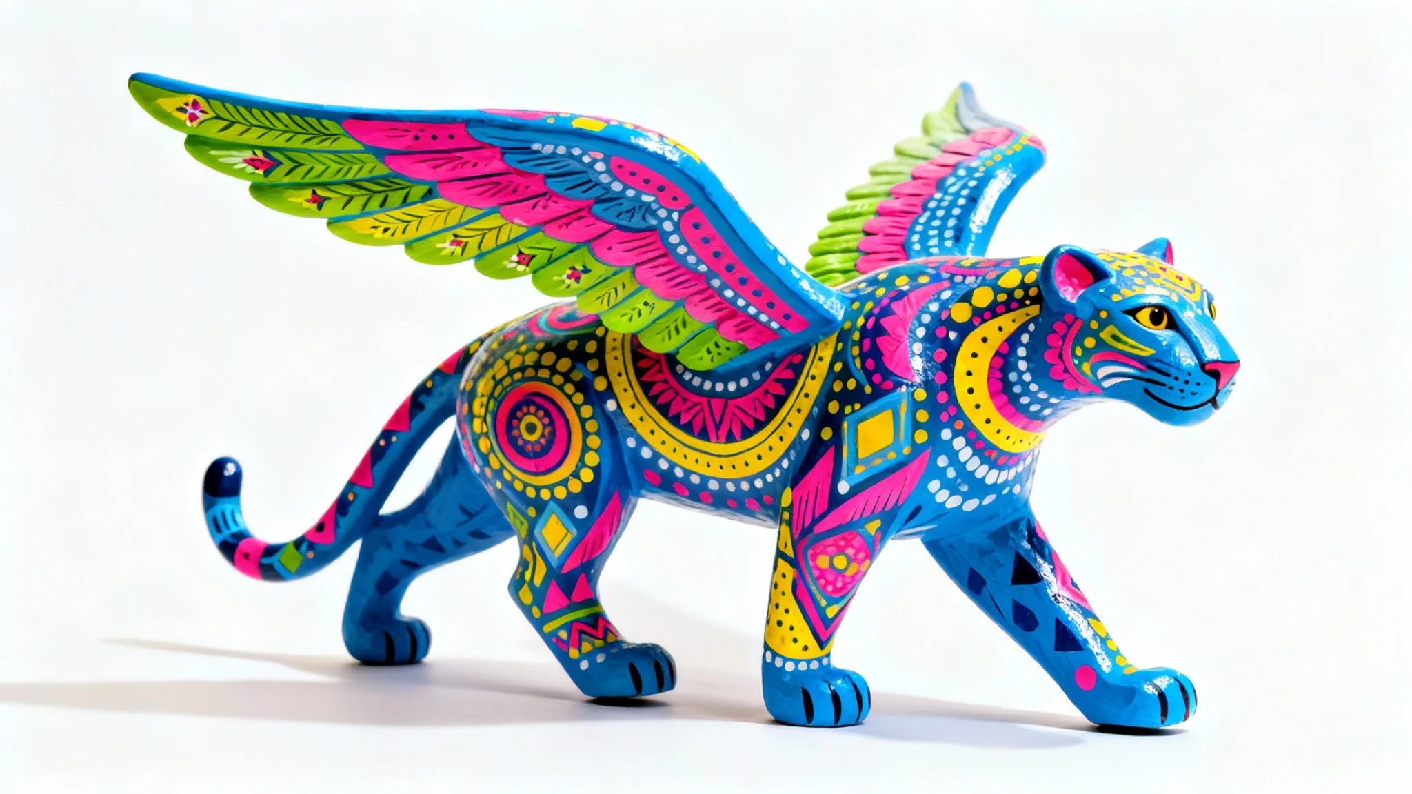 A colorful and intricately detailed alebrije of a winged jaguar, professionally photographed against a plain white background.