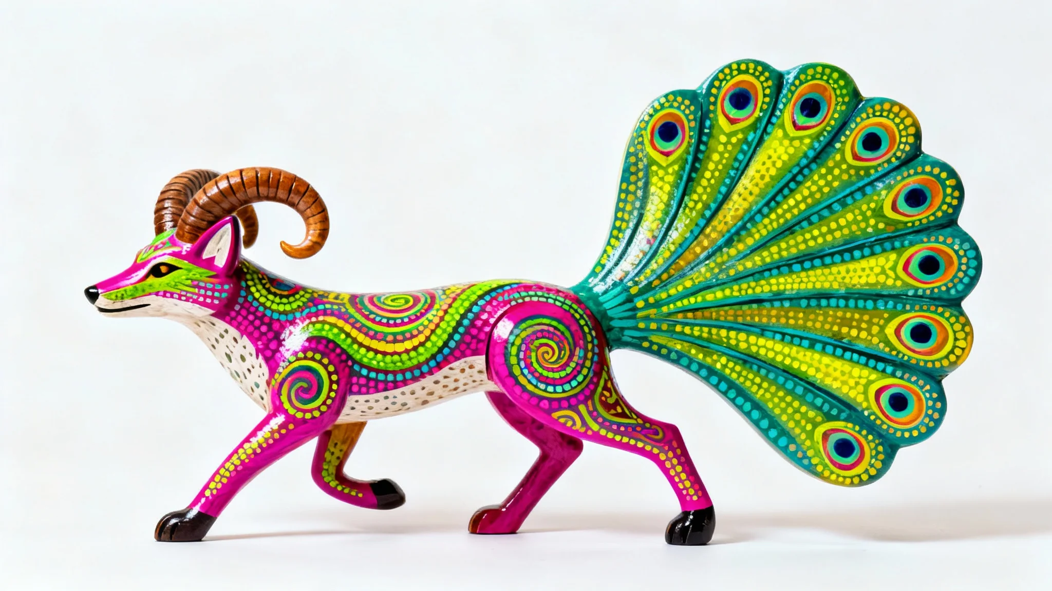A vibrant and intricately carved alebrije sculpture of a mythical coyote with a peacock's tail, isolated against a clean white background.