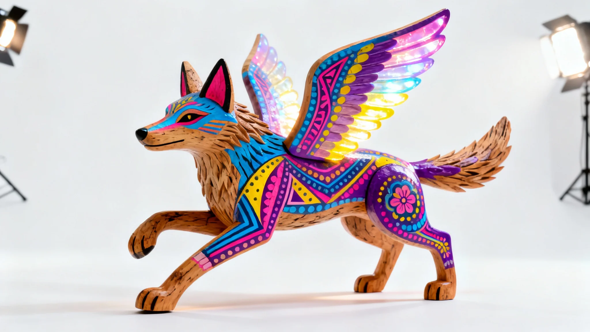 A hyper-detailed, brightly colored alebrije of a winged coyote howling, showcasing intricate Zapotec patterns against a clean white background.