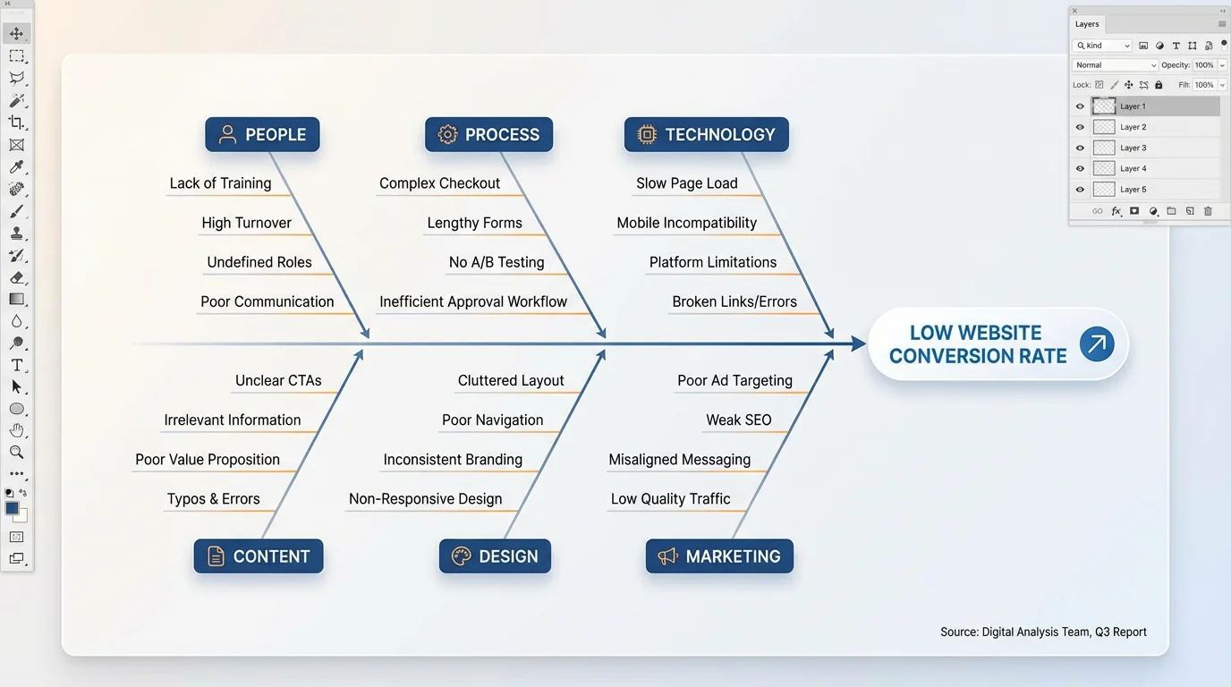 A polished, final version of a digital fishbone diagram analyzing the causes of 'Low Website Conversion Rate', showcasing a professional and clean design.
