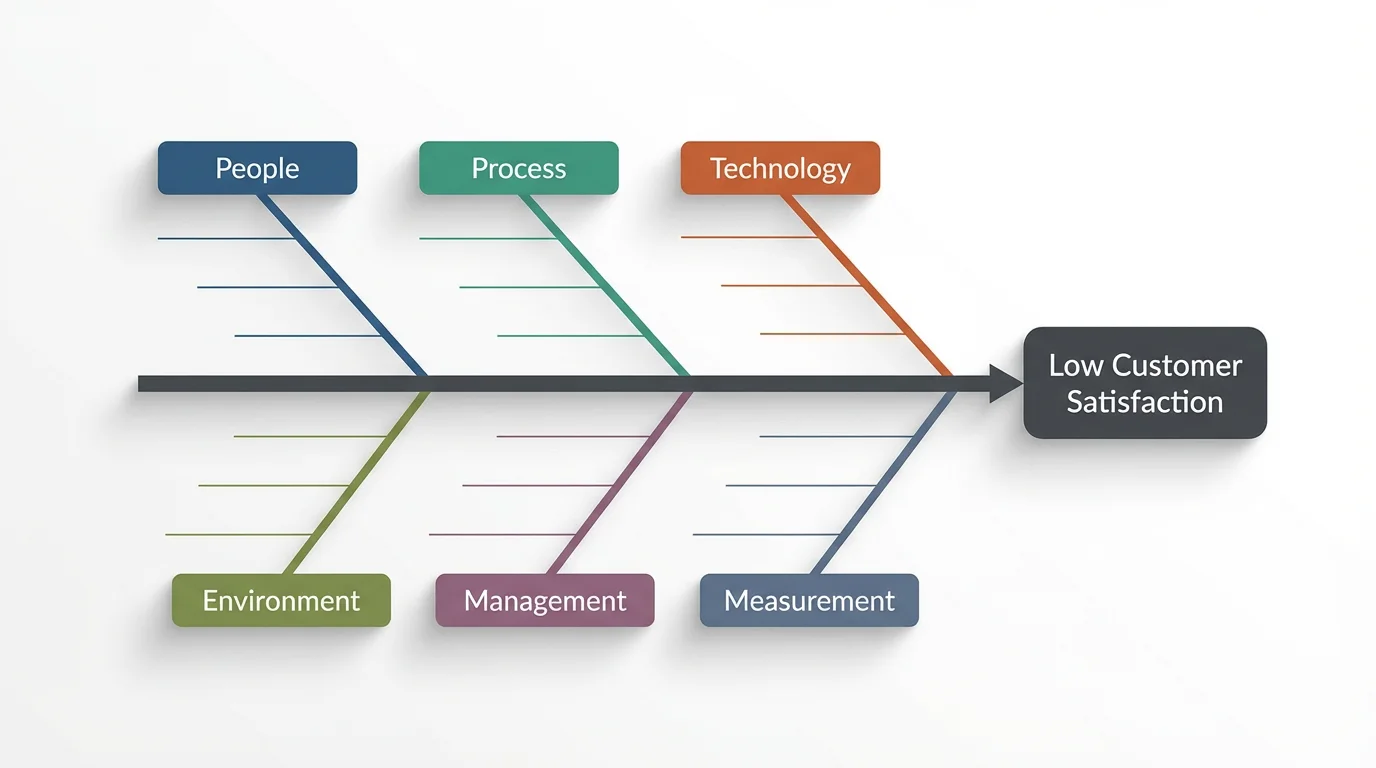 A modern, professional mockup of a fishbone diagram on a white background, illustrating the potential causes for an effect labeled 'Low Customer Satisfaction'. Categories like 'People,' 'Process,' and 'Technology' are shown in different colors.