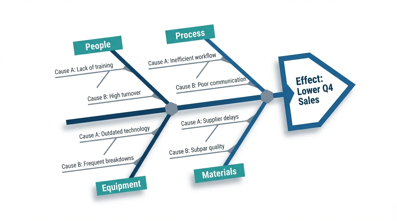A professional and modern fishbone diagram illustrating the potential causes for 'Lower Q4 Sales'. The main categories shown are People, Process, Equipment, and Materials, all displayed on a clean white background.