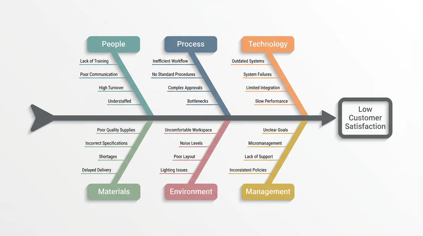 A professionally designed fishbone diagram analyzing the causes of 'Low Customer Satisfaction'. The main categories shown are People, Process, Technology, Materials, Environment, and Management, all set against a clean white background.