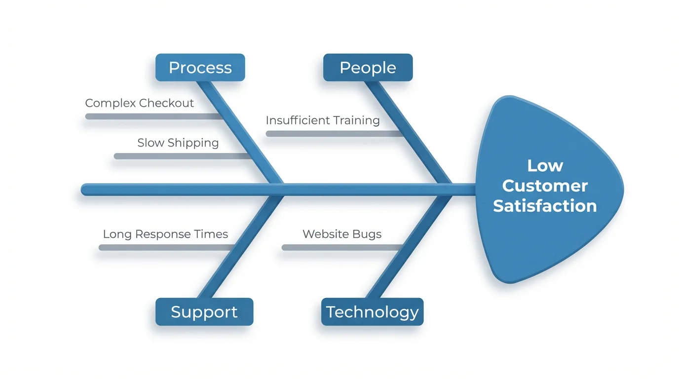 A modern graphic of a fishbone diagram on a white background, analyzing potential causes for the problem of 'Low Customer Satisfaction.'