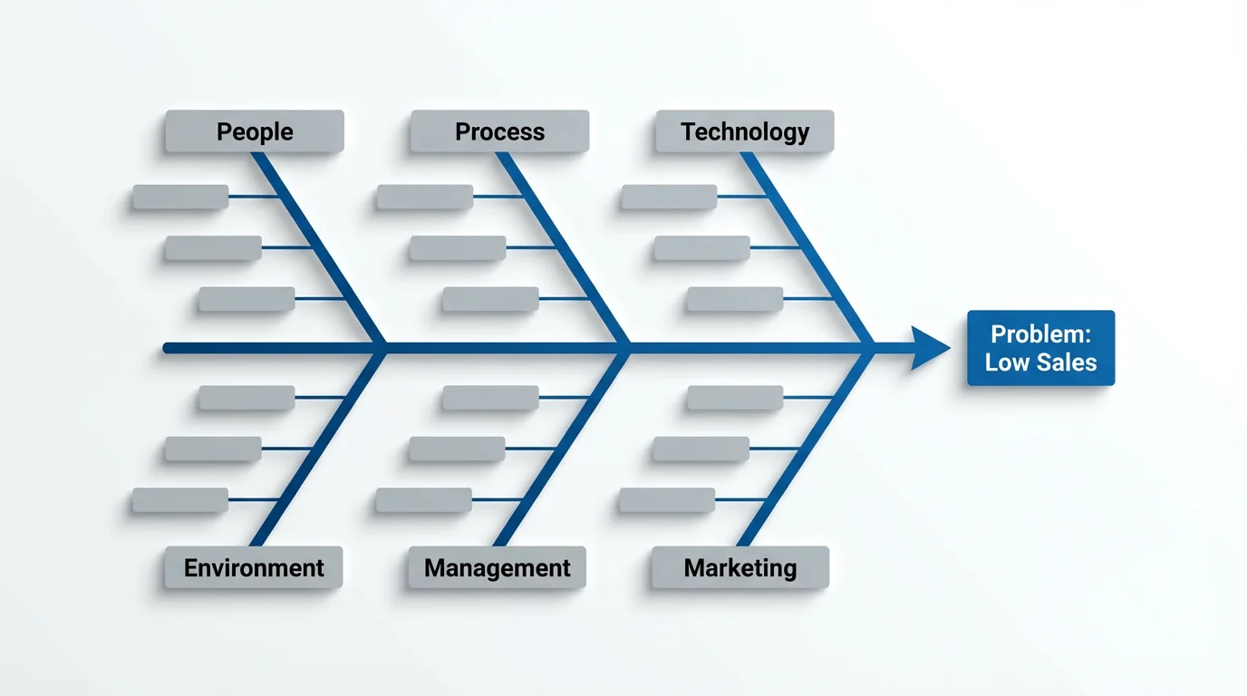 A professionally designed fishbone diagram mockup used for root cause analysis. The diagram identifies potential causes like 'People' and 'Process' for the central problem of 'Low Sales'.