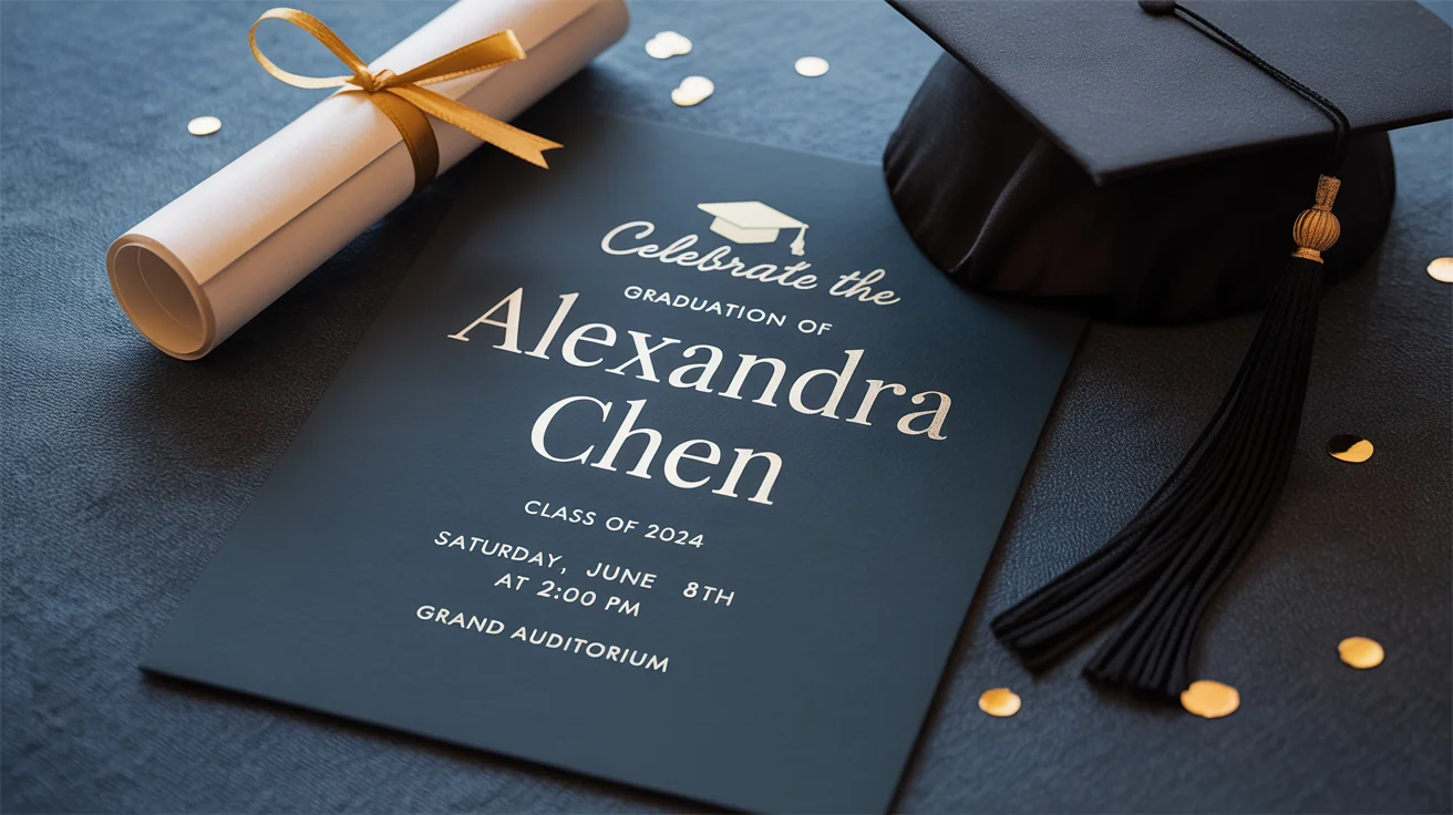An elegant graduation invitation for 'Alexandra Chen, Class of 2024' laid flat on a dark surface, surrounded by a graduation cap, a diploma, and gold confetti.