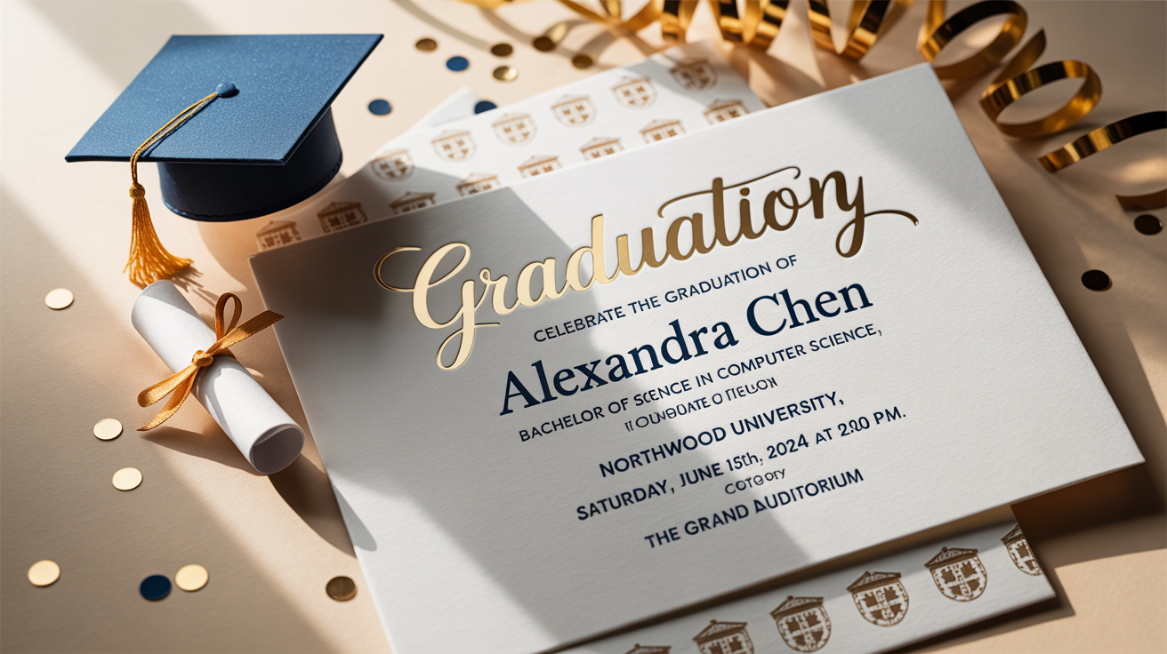 An elegant graduation invitation for 'Alexandra Chen' laid on a white surface, accompanied by a graduation cap, a diploma, and gold and navy confetti.