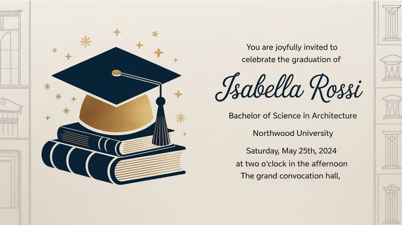 A modern graduation invitation for Isabella Rossi from Northwood University, featuring a navy blue and gold foil design on a white background.