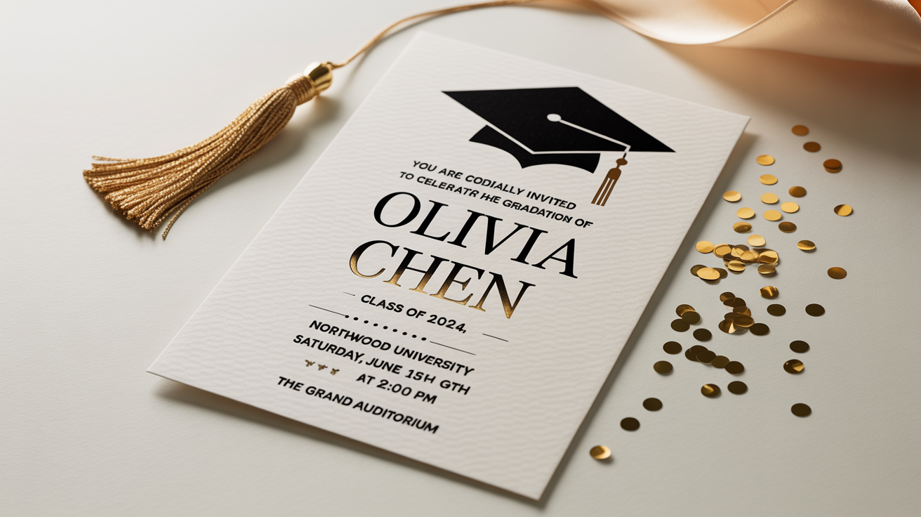 An elegant graduation invitation for Olivia Chen's 2024 graduation, displayed on a clean white background with a gold tassel and confetti accenting the card.