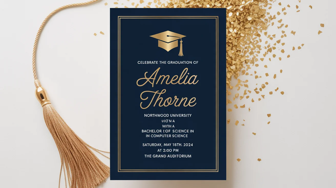 An elegant navy blue and gold graduation invitation mockup, laid flat on a white surface with a gold tassel and confetti.