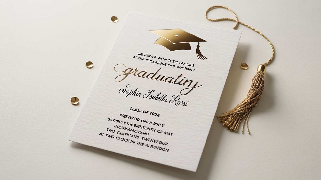 An elegant graduation invitation for Sophia Isabella Rossi from Westwood University, Class of 2024, designed with black and gold foil text on textured white paper, displayed on a clean white background with a gold tassel and confetti.
